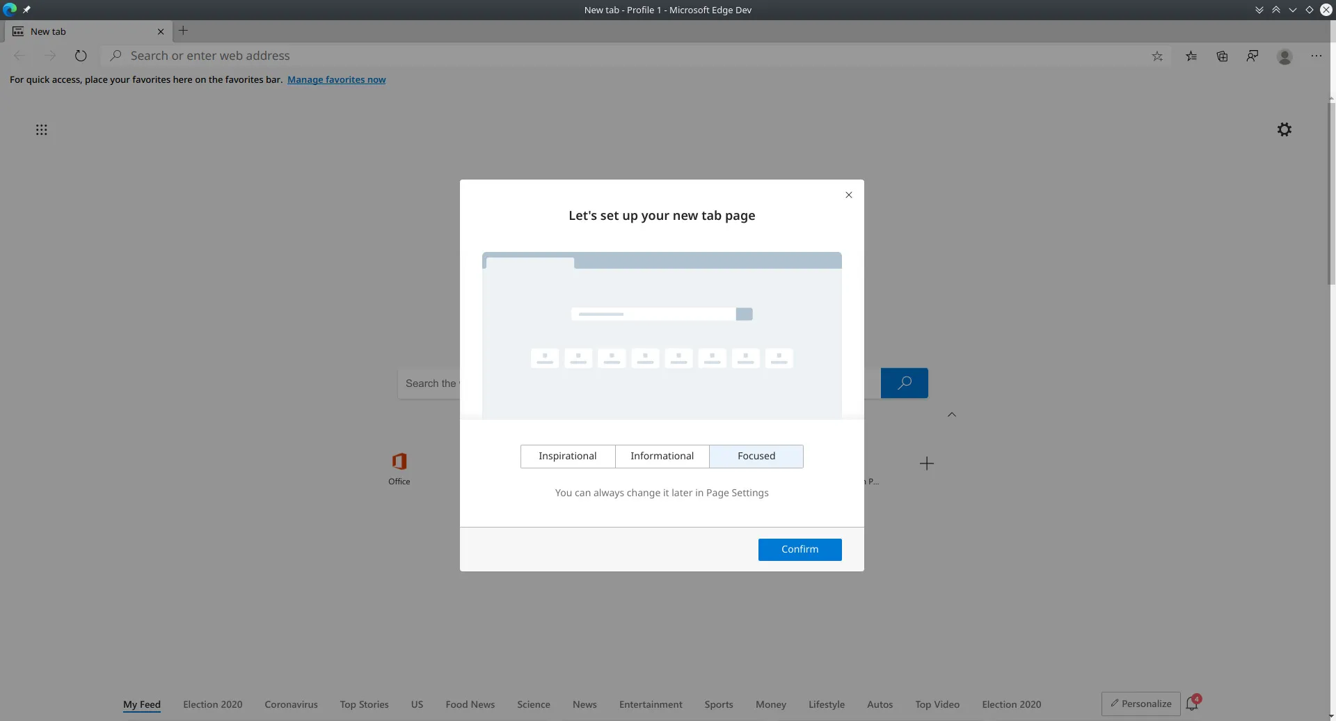 Edge-Startseite: Fokussierte Ansicht
