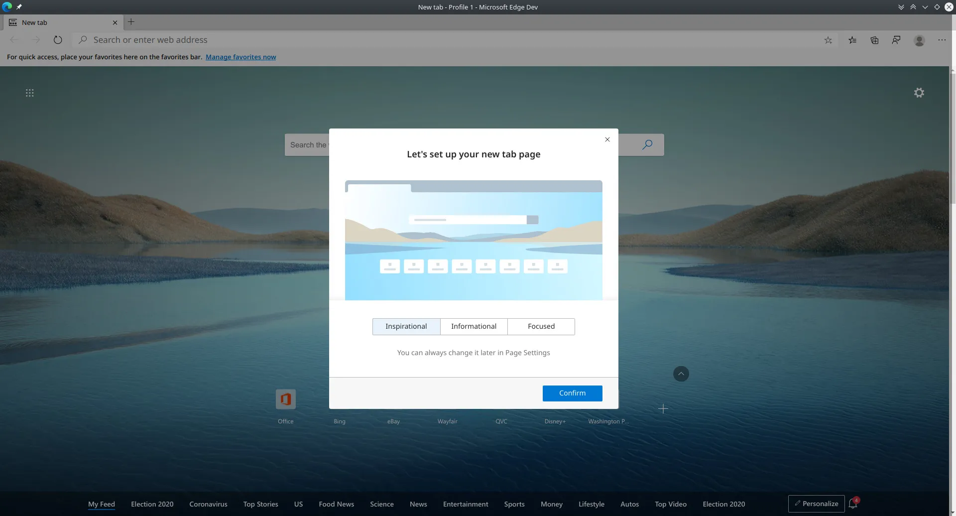 Edge-Startseite: Inspirierende Ansicht