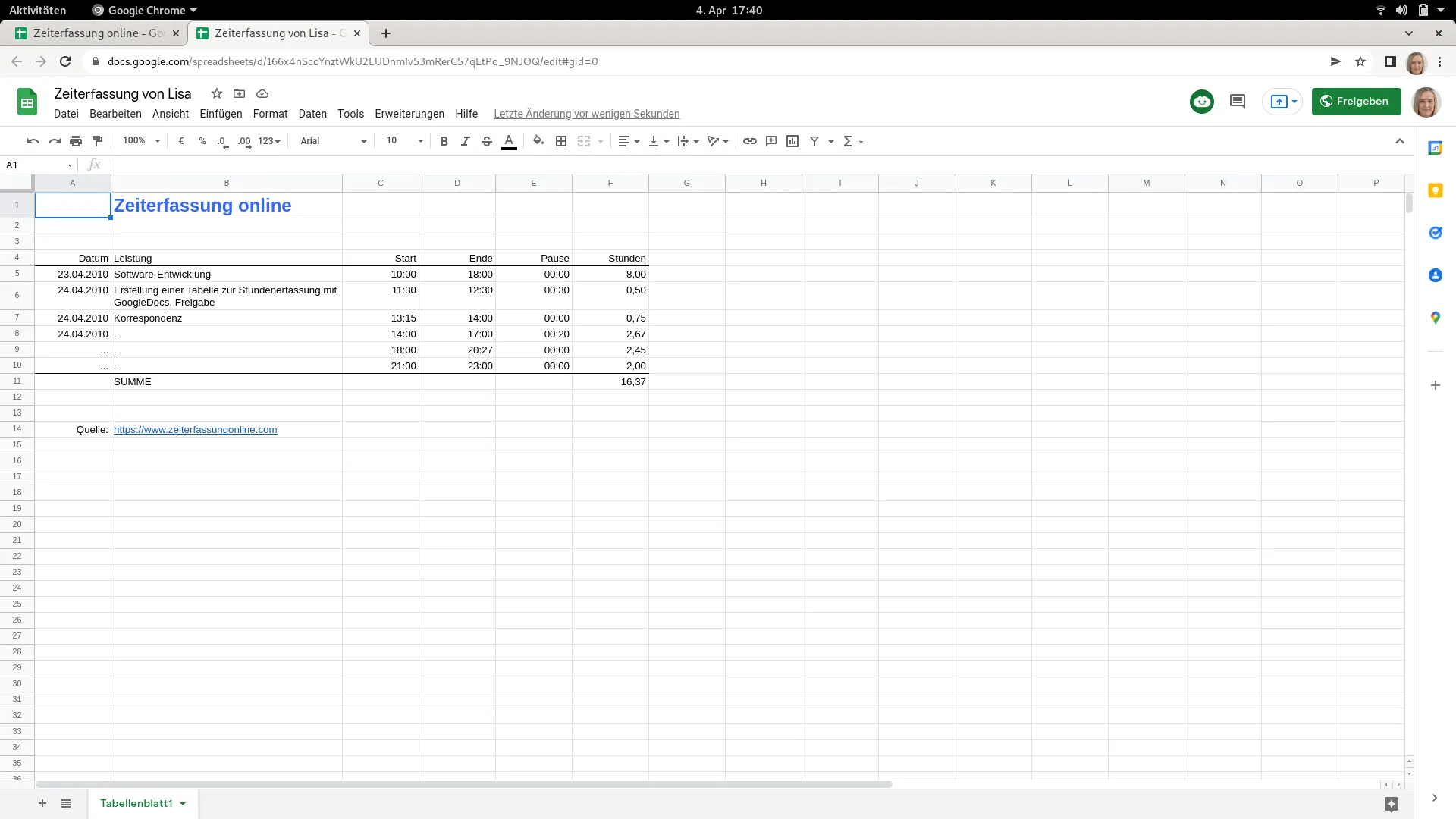 Eigene Zeiterfassungstabelle öffnen