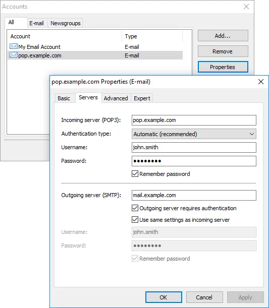 Eigenschaften eines E-Mail-Kontos in OE Classic, zur detaillierten Konfiguration von Servern und Einstellungen.