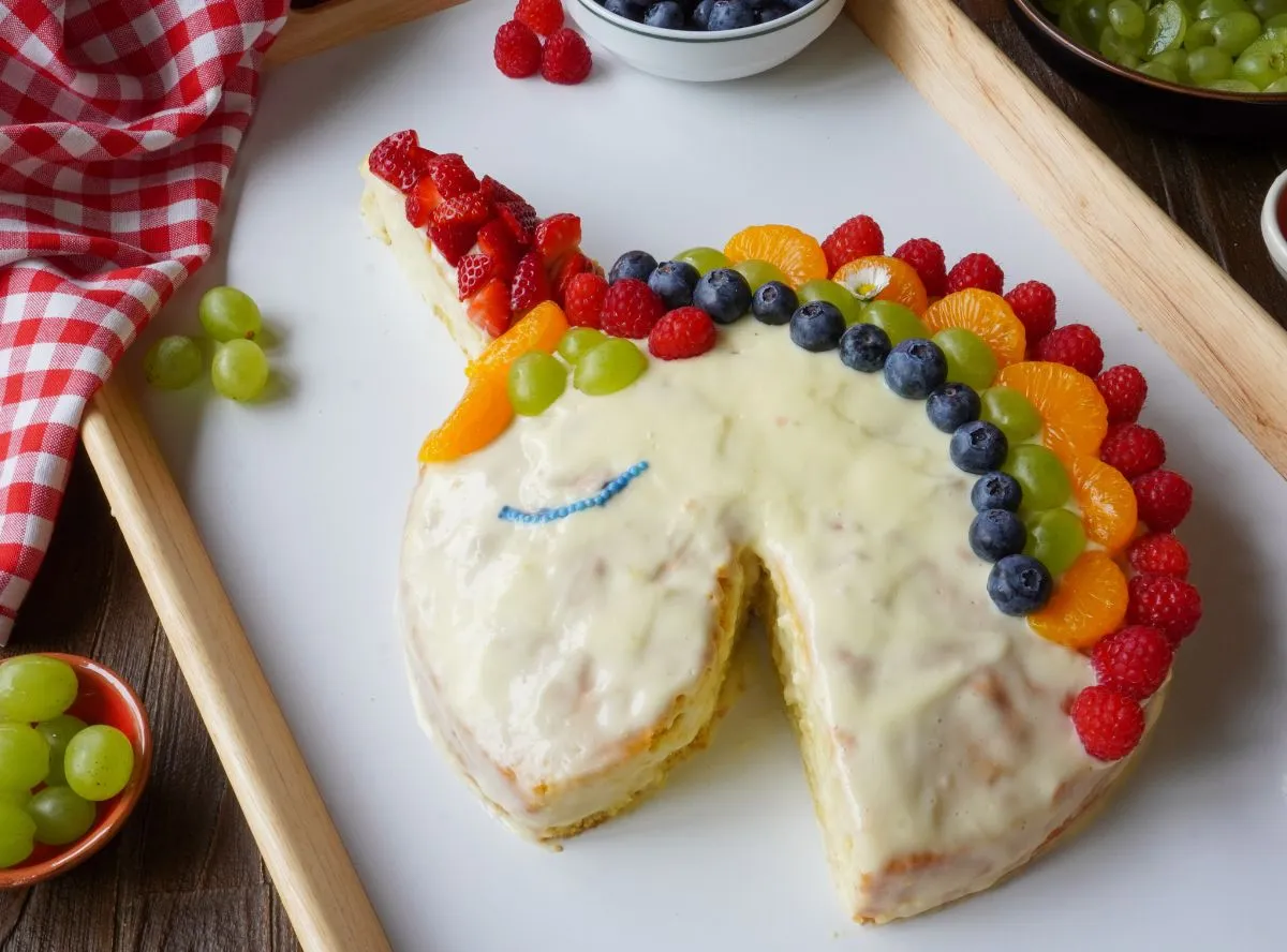 Ein bezaubernder Einhornkuchen, verziert mit frischen Früchten