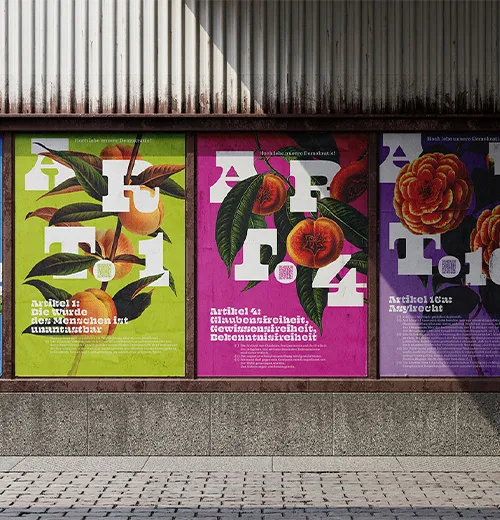 Ein farbenfrohes Poster der Grundrechte, das zur demokratischen Bildung anregt