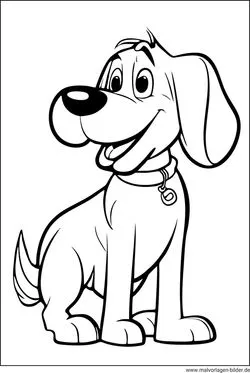 Ein fröhlicher Comic-Hund springt ausgelassen und wartet darauf, bunt ausgemalt zu werden