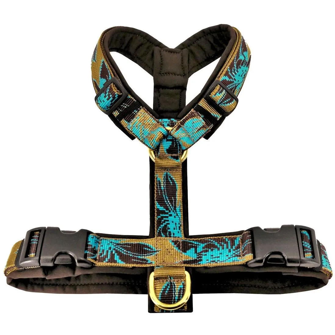 Ein goldenes Vario-Geschirr für Welpen auf neutralem Hintergrund.