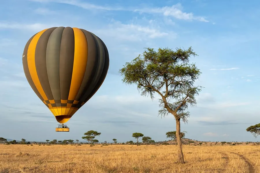Ein Heißluftballon schwebt über der Serengeti