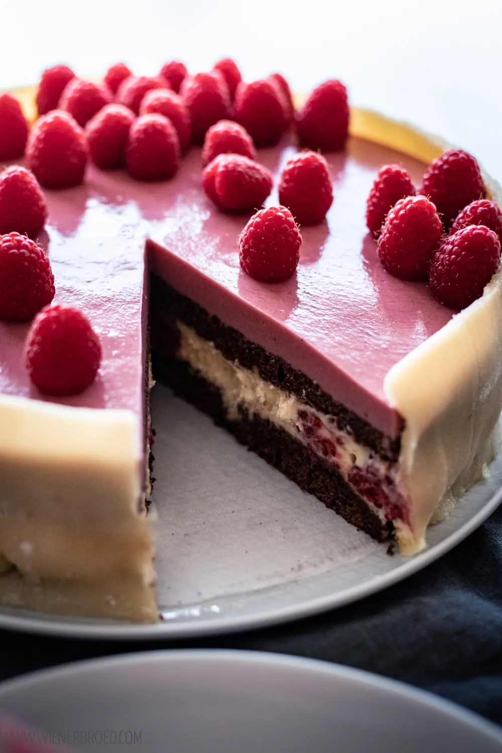 Ein kunstvoller dänischer Geburtstagskuchen Lagkage mit Schichten aus Schokolade, Vanillecreme und Himbeeren, bereit zum Servieren