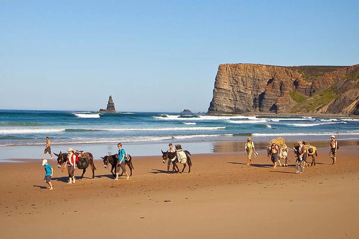 Ein malerischer Strandabschnitt an der Costa Vicentina mit Felsformationen.