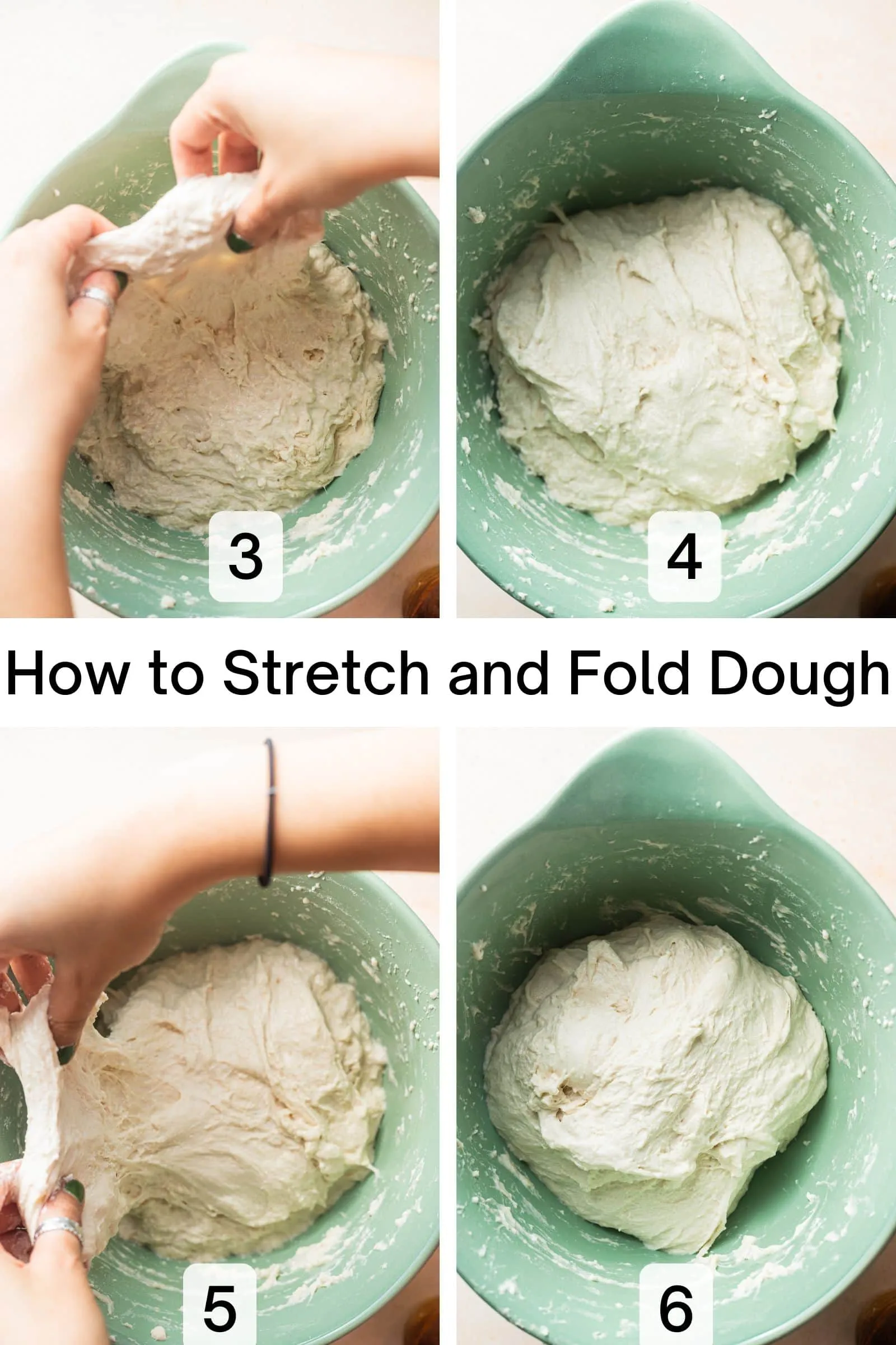 Ein Raster von vier Bildern, das die Dehnen-und-Falten-Methode für Focaccia-Teig zeigt.