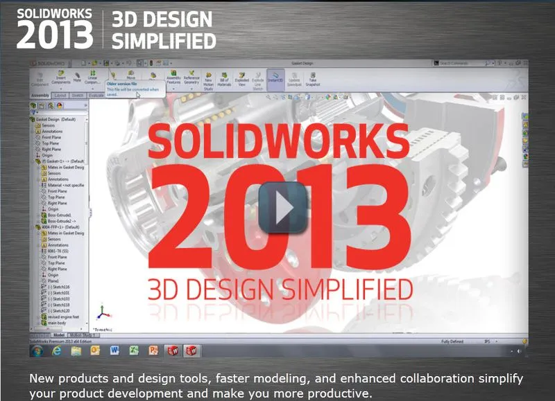 Ein Screenshot des SolidWorks 2013 Startbildschirms mit dem Launch-Logo und verschiedenen Menüpunkten