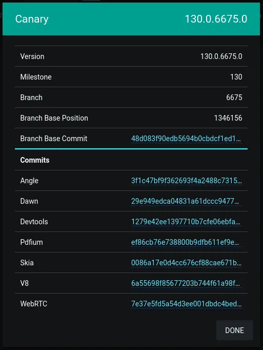 Ein Screenshot einer Dashboard-Ansicht mit Versionsnummern und Verpflichtungen, die die verschiedenen Repositories für eine Softwareversion zeigen.