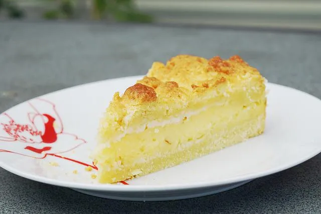 Ein Stück Streuselkuchen mit Puddingfüllung und Puderzucker bestreut