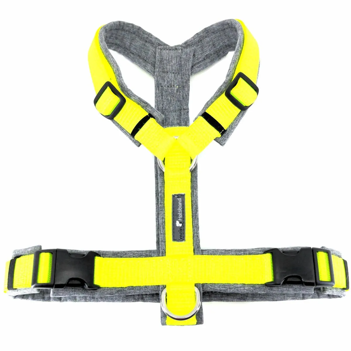 Ein Vario-Geschirr in Neon-Gelb/Grau-Melange auf einem neutralen Hintergrund.