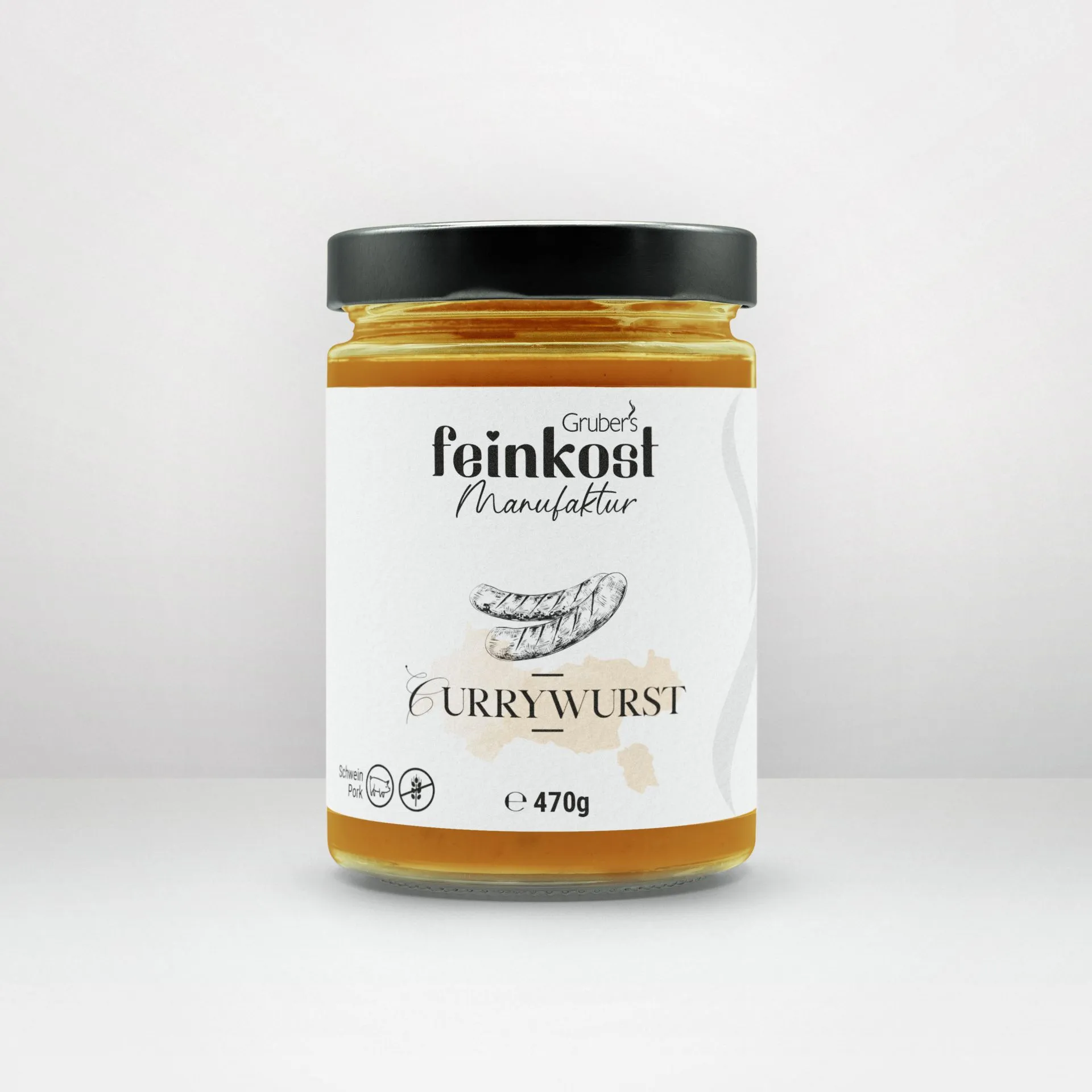 Eine Auswahl an Gruber's Feinkost Gerichten im Glas, präsentiert auf einem rustikalen Holztisch.