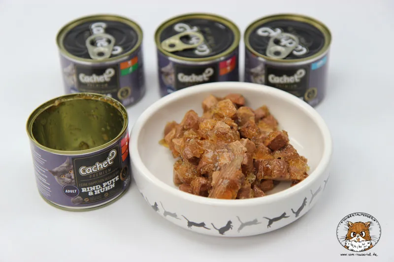 Eine Auswahl von Cachet Premium Katzenfutter Dosen