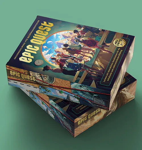Eine bunte Box mit der Aufschrift "Epic Quest" und Abenteuerillustrationen