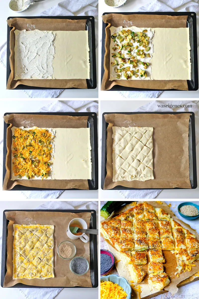 Eine Collage aus Rezeptbildern für Blätterteig-Zupfbrot mit Zucchini und Cheddar, einschließlich Anleitungsschritten