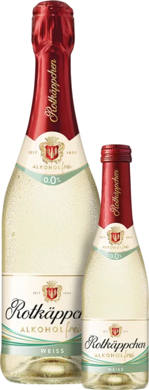 Eine Flasche Rotkäppchen Alkoholfrei Weiß, umgeben von Eiswürfeln