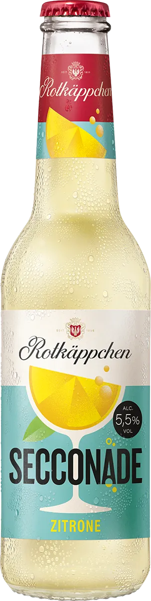 Eine Flasche Rotkäppchen Secconade Zitrone mit Zitronenscheiben im Vordergrund