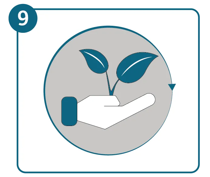 Eine Gruppe von Menschen pflanzt Bäume im Freien, während im Hintergrund ein Gebäude mit Solarpaneelen und einem Windrad steht, symbolisierend nachhaltige Projekte.