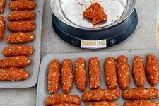 Eine Hand formt gleichmäßige Cevapcici-Röllchen aus der vorbereiteten Hackfleischmasse auf einem Schneidebrett