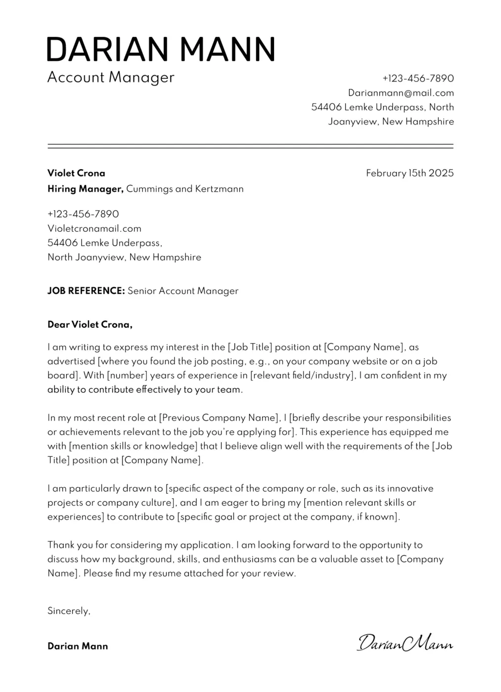 Eine klare Vorlage für ein Anschreiben, das zum Lebenslauf passt, mit Abschnitten für persönliche Daten und Berufserfahrung.