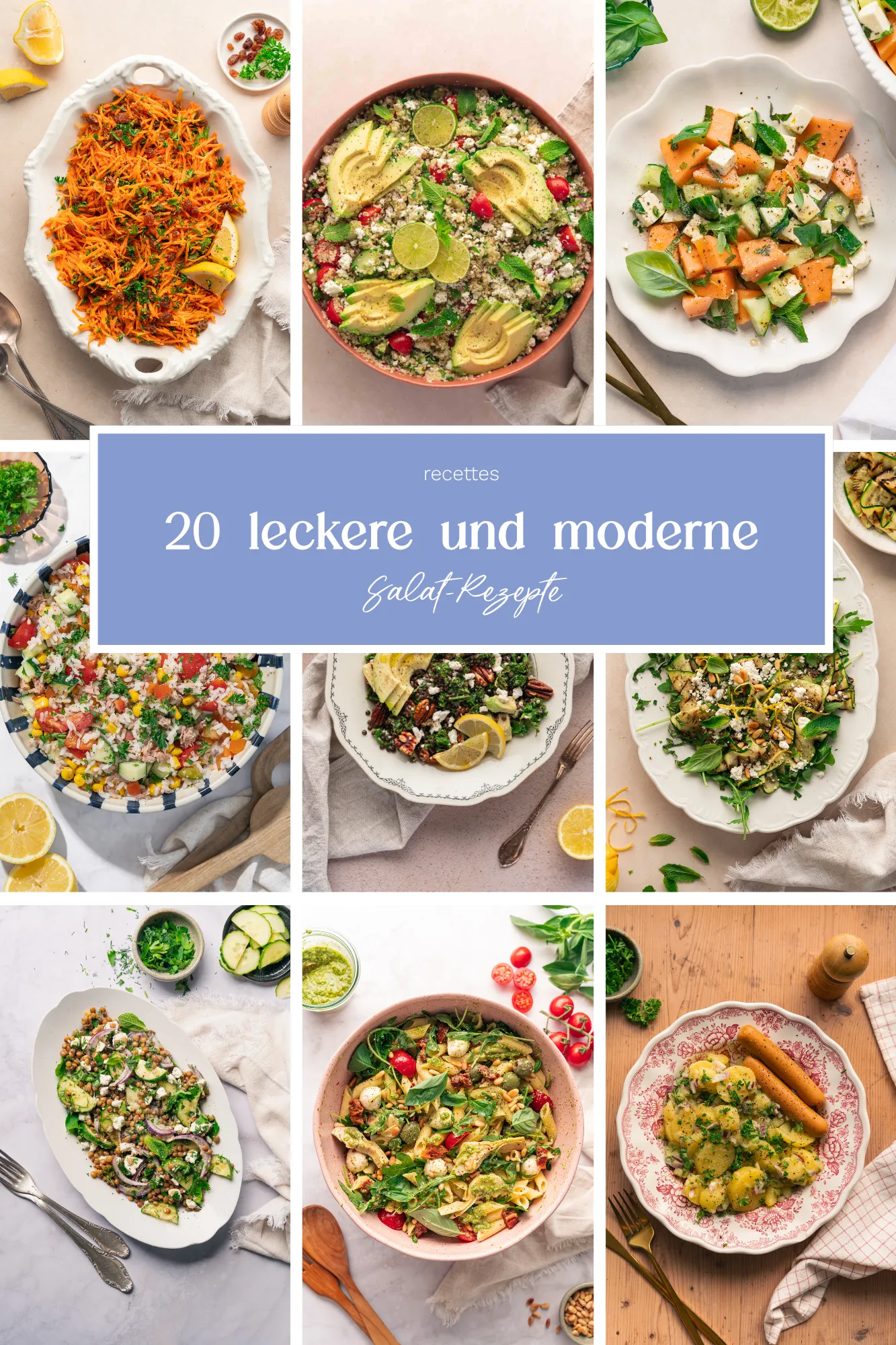 Eine lebendige Collage aus bunten Salatgerichten umgibt eine zentrale blaue Box mit weißem Text auf Deutsch: „20 leckere und moderne Salat-Rezepte“ – die perfekte Inspiration für frische, moderne Salate.