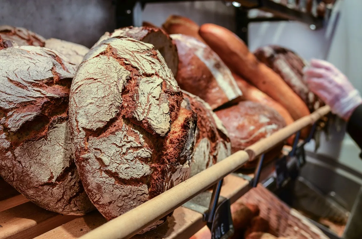 Eine reiche Auswahl an Brotsorten wird in einem hellen und einladenden Verkaufsraum präsentiert.