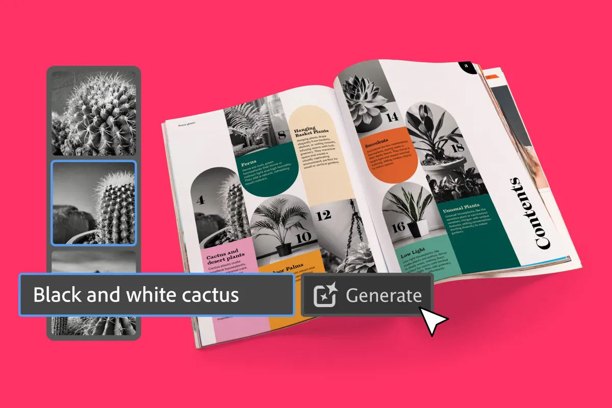 Eine Reihe von Bildern, die durch Textaufforderungen direkt in Adobe InDesign generiert wurden