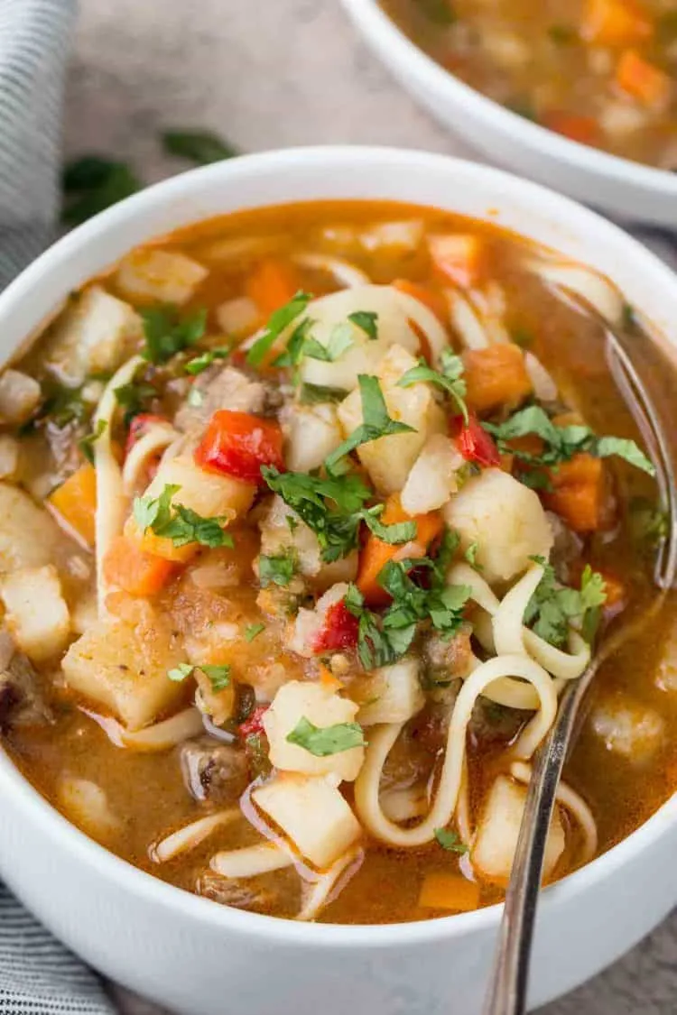 Eine Schale Lagman, garniert mit frischen Kräutern und einem Löffel.