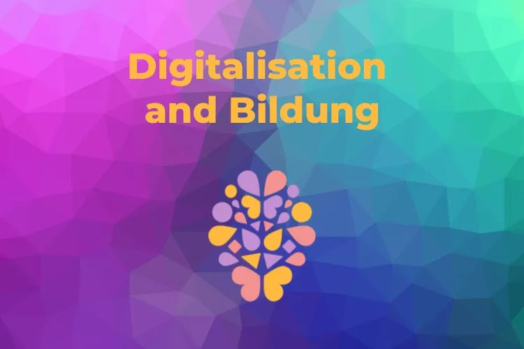 Eine schematische Darstellung von Personen, die sich über digitale Geräte vernetzen und voneinander lernen, mit einem Fokus auf Inklusion