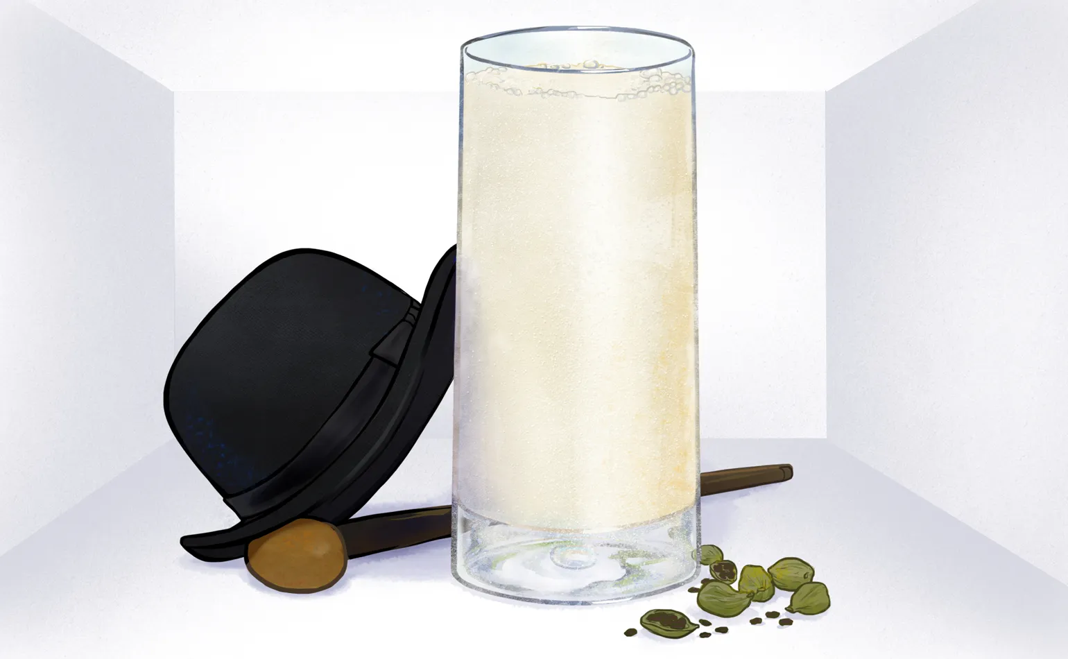 Eine stilisierte Illustration eines Moloko Plus Cocktails, serviert in einem hohen Glas mit einem Hauch von Orange