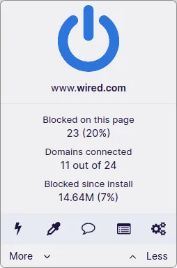 Einfache Benutzeroberfläche von uBlock Origin für schnelle Blockierung.