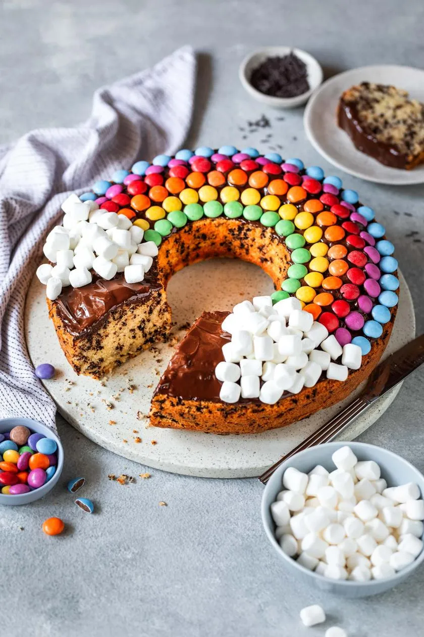 Einfacher Regenbogenkuchen mit bunten Smarties-Wolken, perfekt als Kita Geburtstag Kuchen.