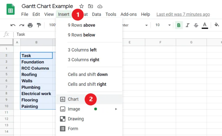 Einfügen eines Diagramms in Google Tabellen, wobei ein gestapeltes Balkendiagramm ausgewählt wird