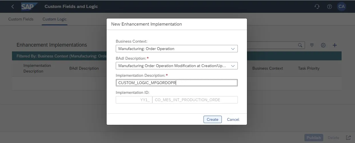 Eingabe der Implementierungsbeschreibung für die Custom Logic
