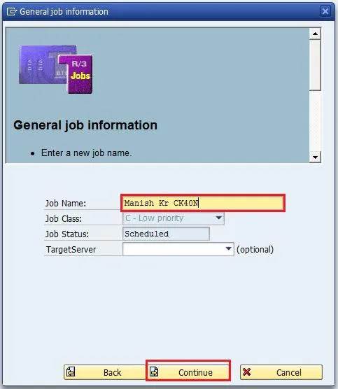 Eingabe des Job-Namens für den SAP Hintergrundjob zur CK40N Automatisierung