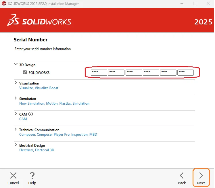 Eingabefeld für die SolidWorks Seriennummer während der Installation