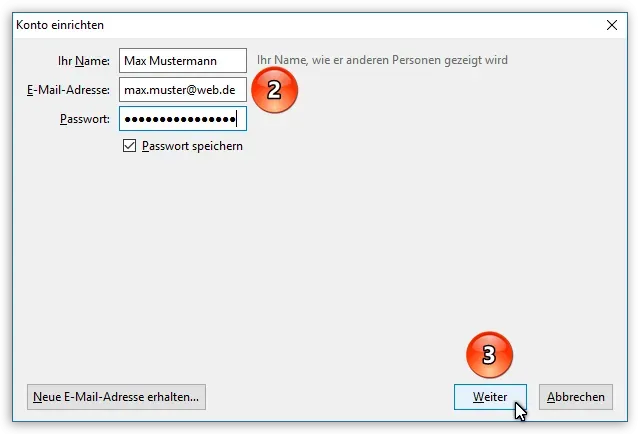 Eingabefelder für Name, E-Mail-Adresse und Passwort im Thunderbird Konto-Assistenten