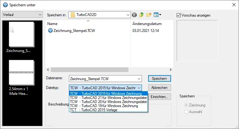 Eingeschränkte Liste der unterstützten Dateiformate für den Datenexport in TurboCAD 2D