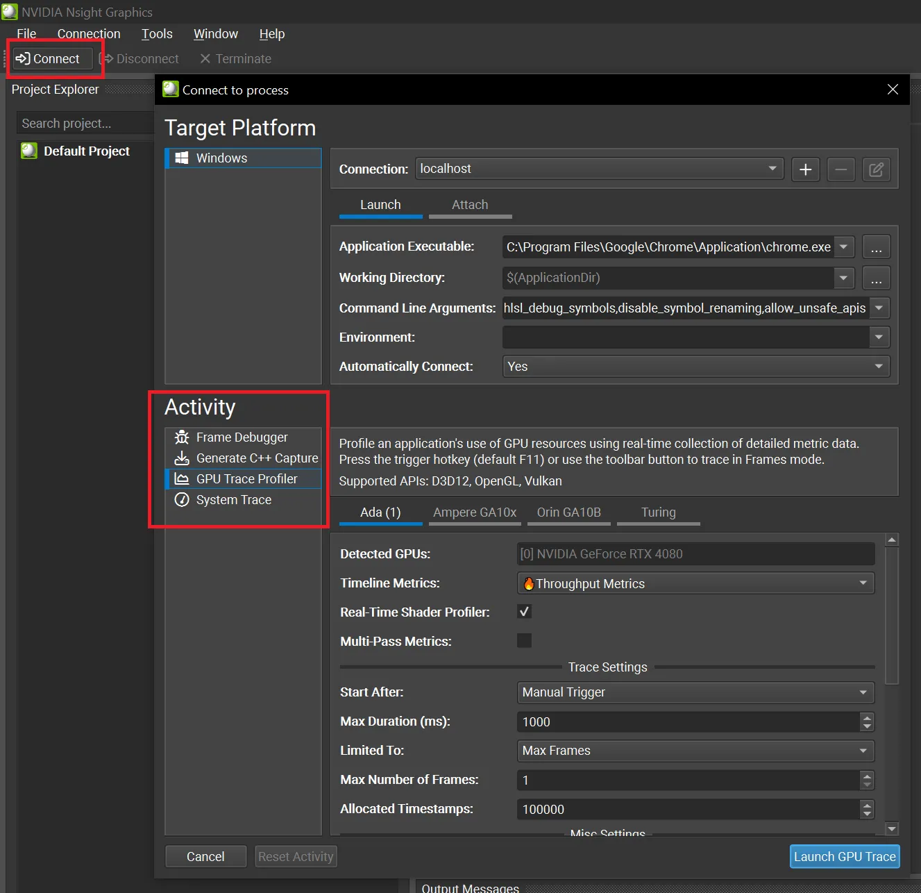 Einrichtung des GPU-Trace-Modus in Nvidia Nsight für Chrome WebGPU