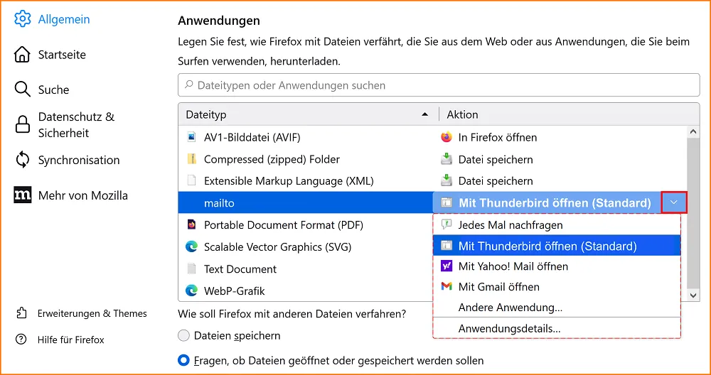 Einstellungen Allgemein Anwendungen mailto fx98