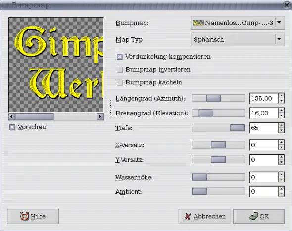 Einstellungen des Bumpmap-Filters für einen metallischen Goldeffekt