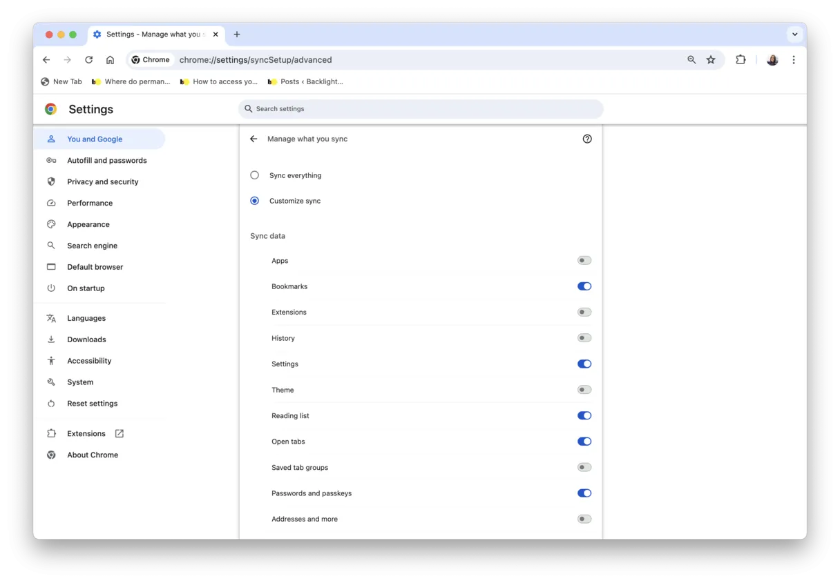 Einstellungen für die Chrome-Synchronisierung auf dem Mac anpassen