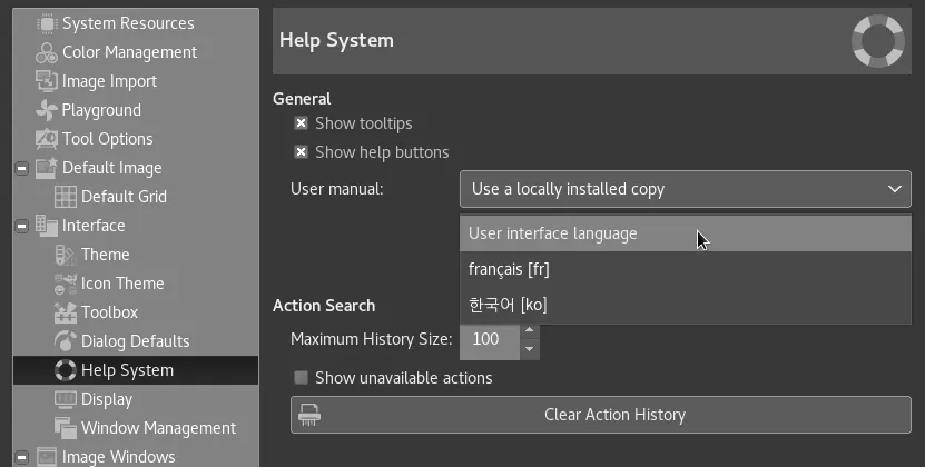 Einstellungen für die Handbuchsprache in GIMP 2.9.8 unter "Interface > Help System"