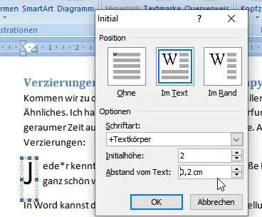 Einstellungen für Initialen in Microsoft Word