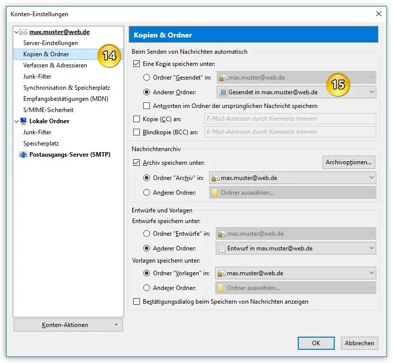 Einstellungen für Kopien und Ordner in den Thunderbird Kontoeinstellungen