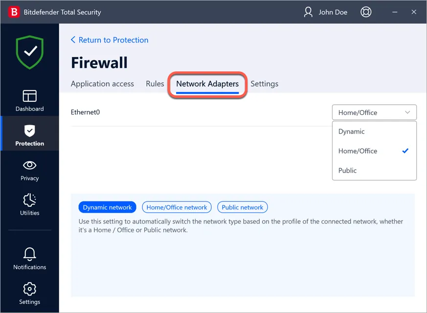 Einstellungen für Netzwerkadapter in Bitdefender Firewall zur Konfiguration von Netzwerktypen