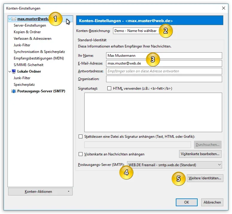 Einstellungen zur Konten-Bezeichnung und Standard-Identität in Thunderbird