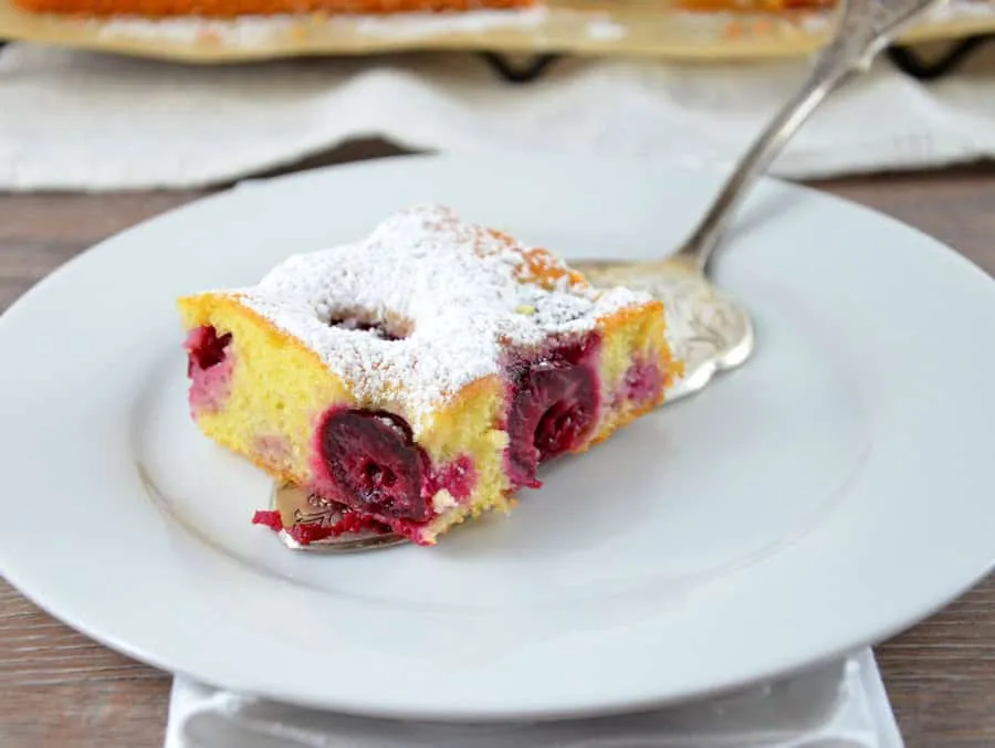Einzelnes Stück Obstfleck mit Kirschen auf einem Tortenheber