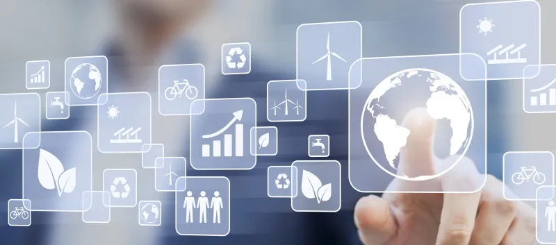 EMAS Logo auf einer Darstellung, die Kreislaufwirtschaft und Nachhaltigkeit symbolisiert